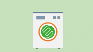 Envie : photo d'un fond vert clair avec dessin de machine à laver et logo Envie