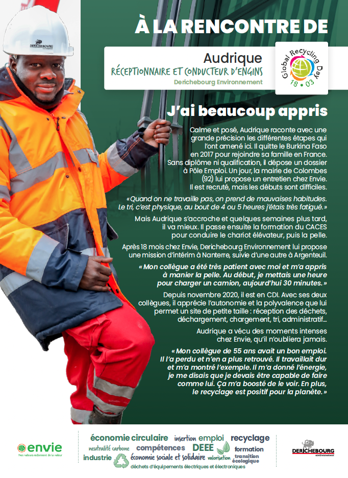 Journée mondiale du recyclage : portrait de Audrique, réceptionnaire et conducteur d'engins chez Derichebourg Environnement.