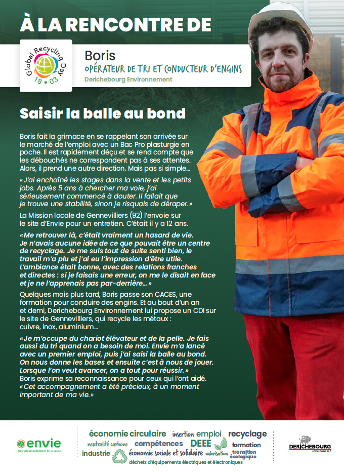 Journée mondiale du recyclage : portrait de Boris, opérateur de tri et conducteur d'engins chez Derichebourg Environnement.