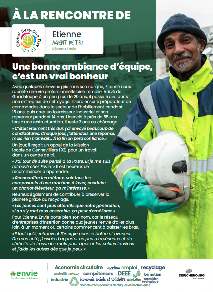 Journée mondiale du recyclage : portrait d'Etienne, agent de tri à Envie Gennevilliers.