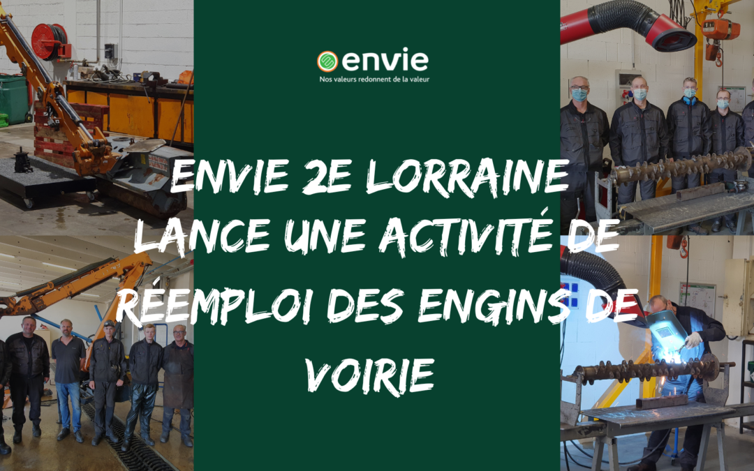 Couverture d'article sur le projet de réemploi d'engins de voirie à Envie Lorraine composée de quatre photos illustrant l'activité
